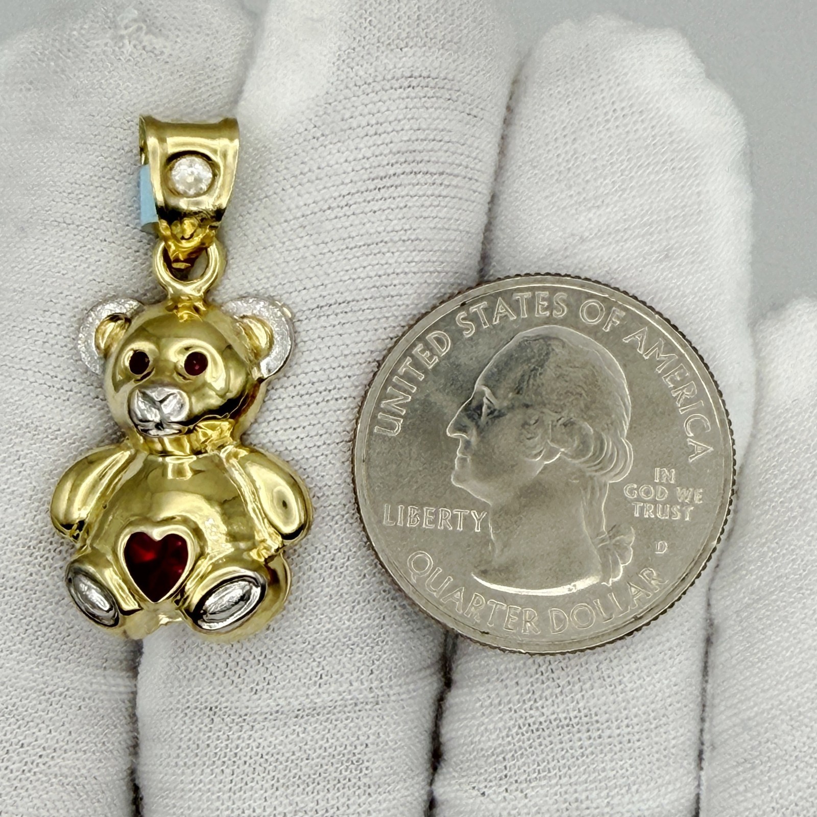 10k Two-tone Gold Red White Heart Round Cubic-Zirconia Teddy Bear Charm Pendant
