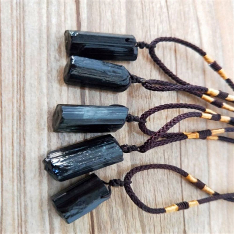 Women Men Black Natural Tourmaline Stone Pendant Necklace Crystal Gem Specimen