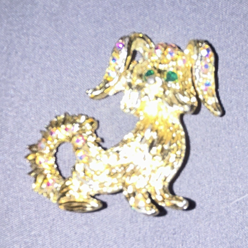 Gold Tone Metal Dog Brooch Pin w/ Multicolor Round Rhinestone Accents