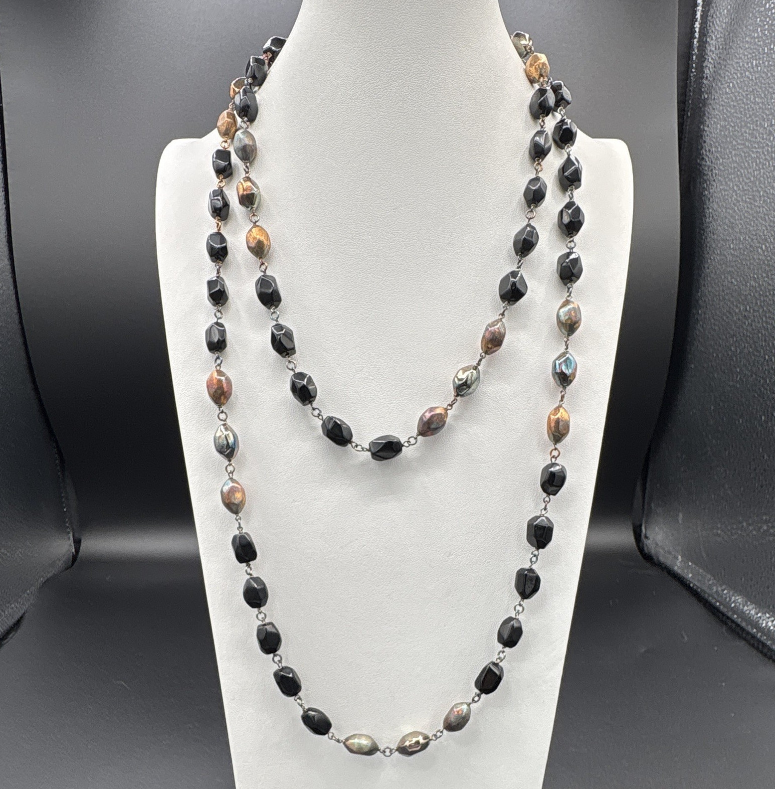 Black & Brown Beaded Link Chain Necklace 925 Sterling Italy Magnetic Clasp