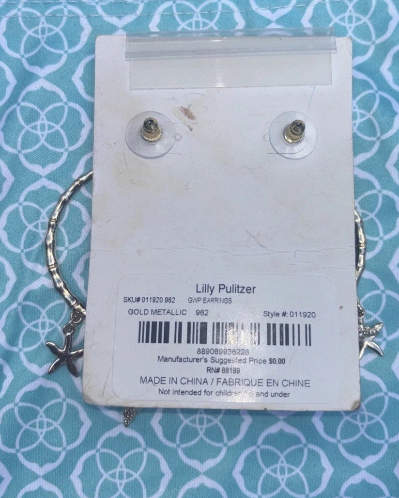 NWT Lilly Pulitzer Gold Metallic Circle Sea Shell Starfish Charm Hoop Earrings