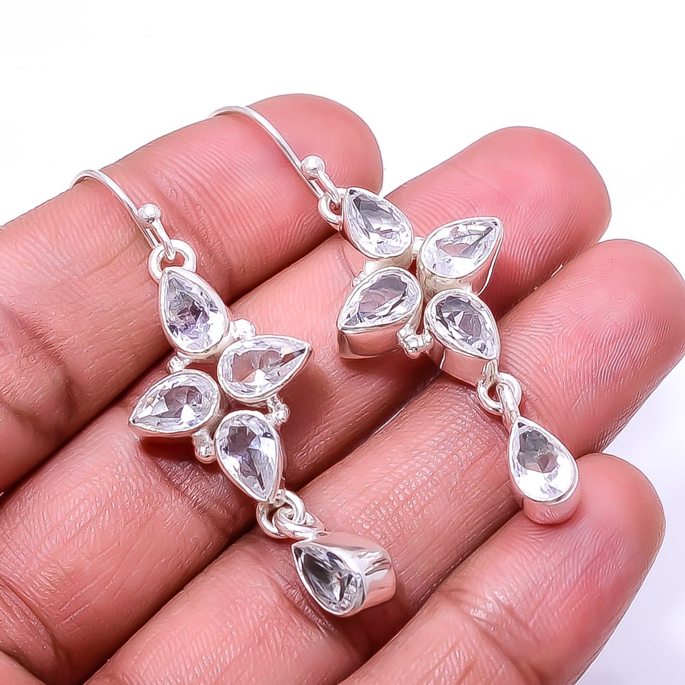 White Topaz Multi Collet 925 Sterling Silver Earring 2.15″ E24, Christmas Gift