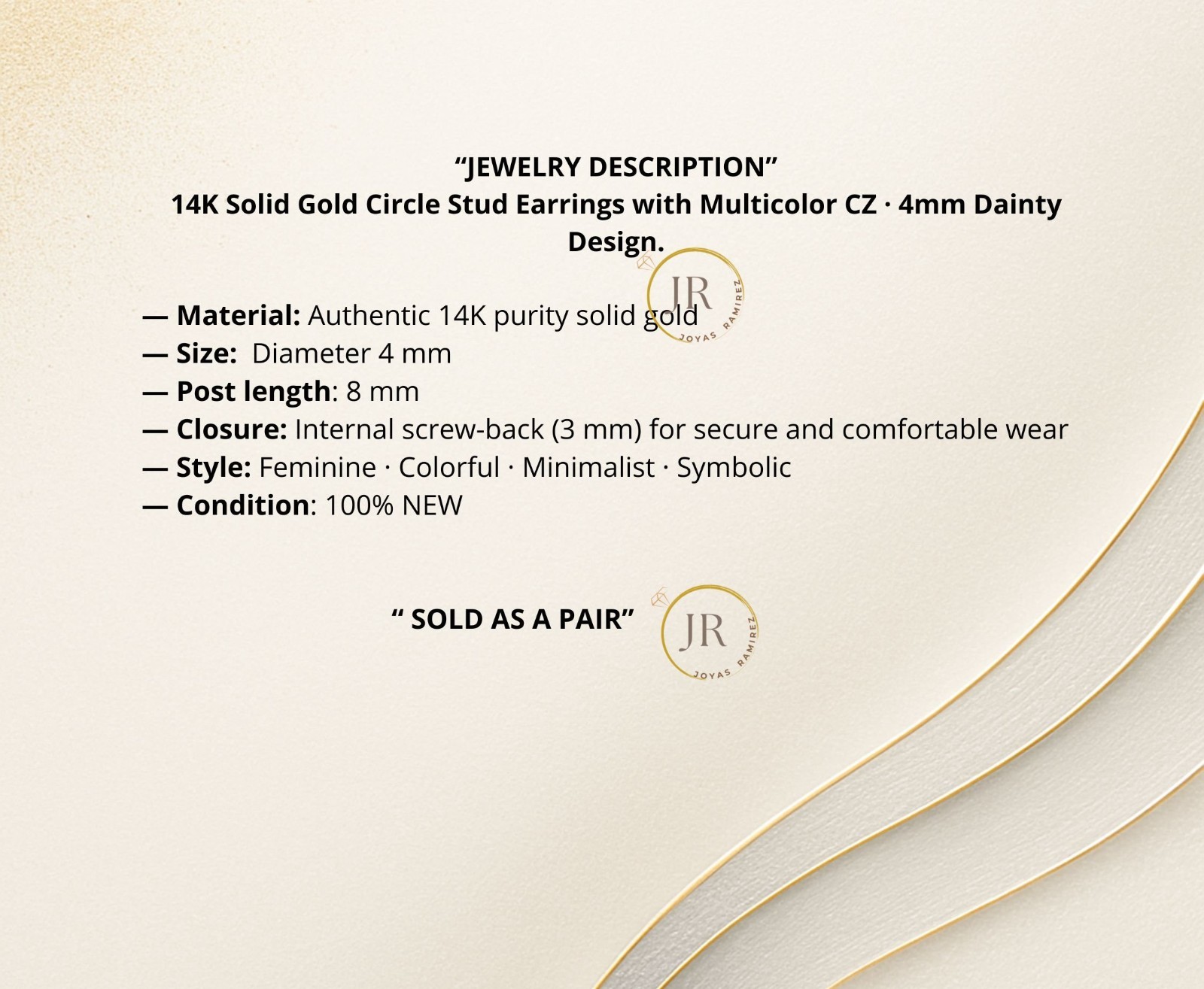 14K Solid Gold Circle Stud Earrings with Multicolor CZ · 4mm Dainty Design.