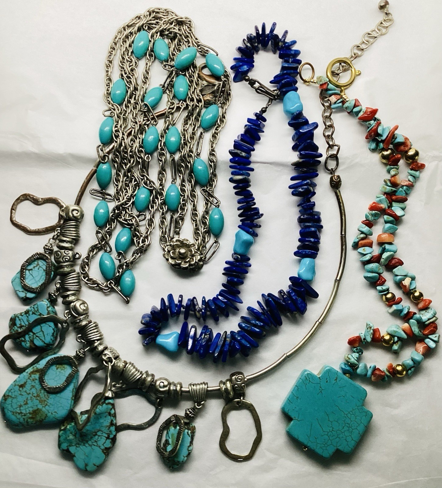 Lot of 4 Faux Turquoise, Lapis, Coral, Costume Necklaces Southwestern Style