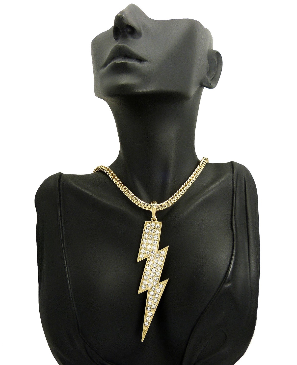 GOLD PLATED ALLOY CUBIC ZIRCONIA BOLT PENDANT & 18″ FRANCO CHOKER CHAIN NECKLACE