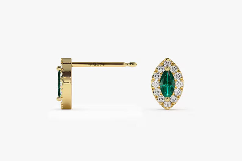 2.29 Ct Marquise Cut Simulated Emerald Halo Stud Earrings 14k Yellow Gold Plated