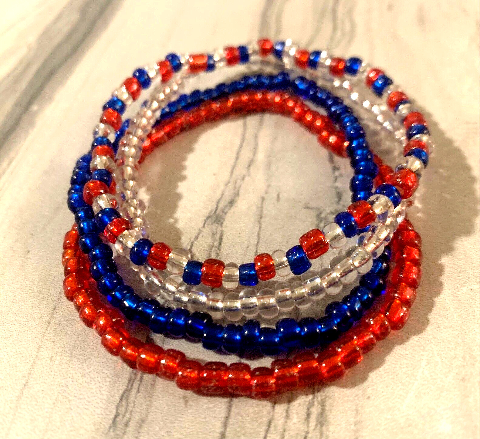 4th of July Patriotic Glass Seed Bead Stretch Bracelet Set of 4 Red White & Blue
