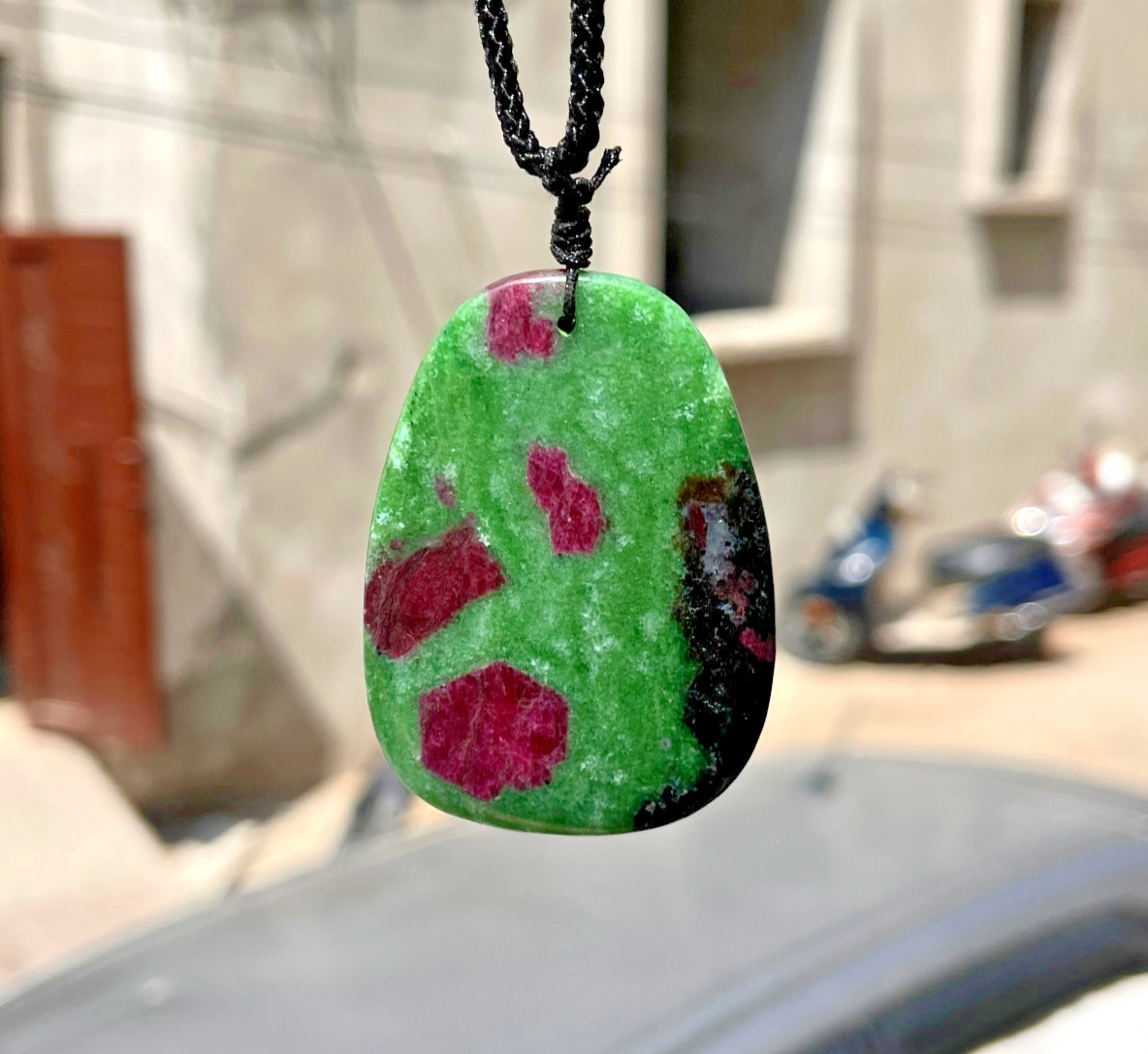 Large Ruby Zoisite Necklace Anyolite Crystal Pendant Adjustable Cord Jewelry