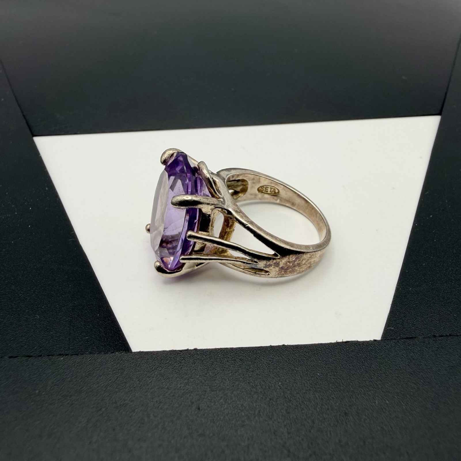 Vtg SETA Sterling Silver Approx 10ct 18x13x7mm Purple Amethyst Size 7 Ring 7.6g