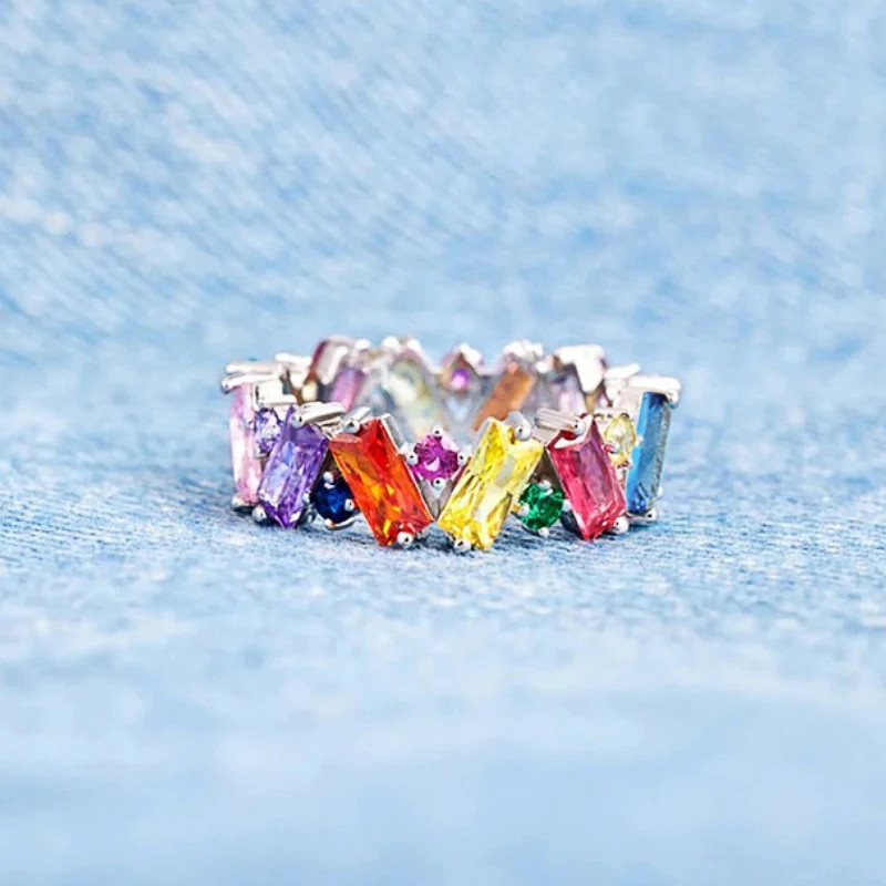 Wedding Band Ring Irregular Geometric Simulated Zirconia Prong Setting Jewelry