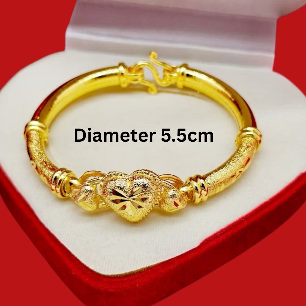 Heart Charm 22K 23K 24K THAIBAHTYELLOW GOLD Bracelet JewelryWomen diameter 5.5cm