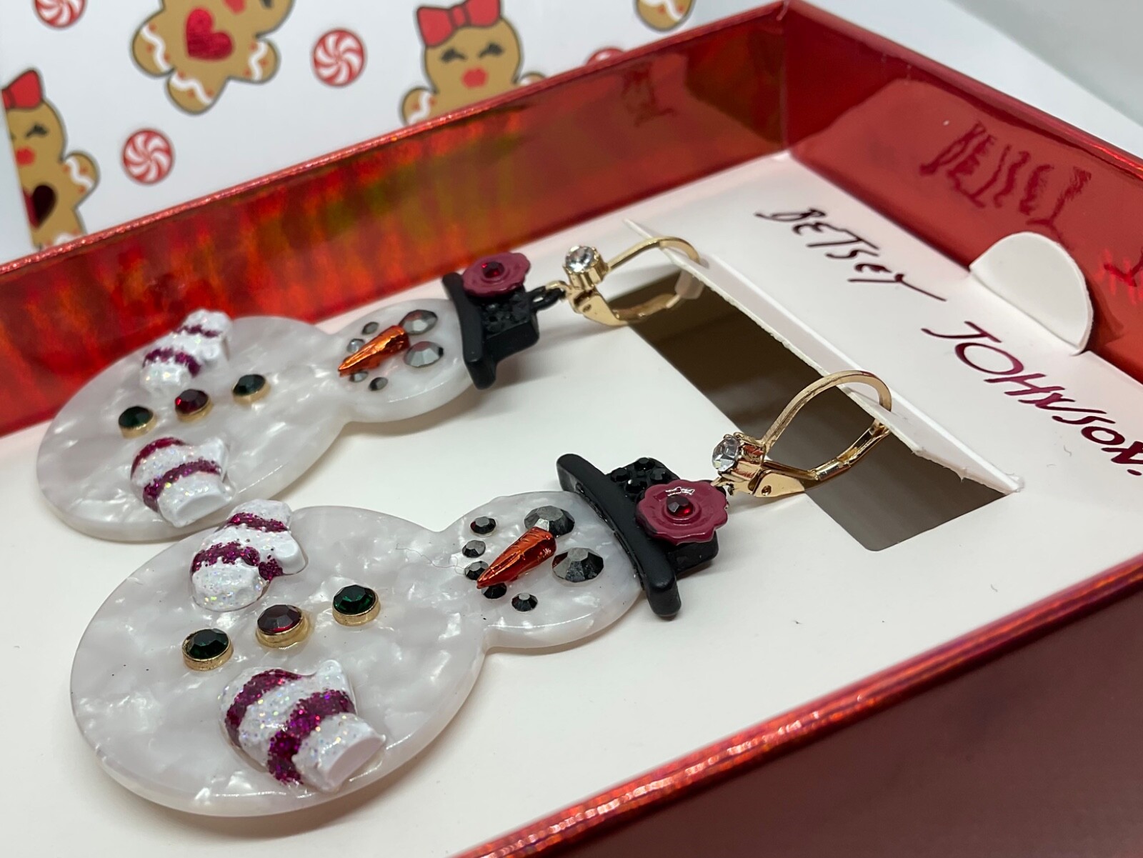 Betsey Johnson Signed Snowman Dangle Earrings Statement Big Fun Festive