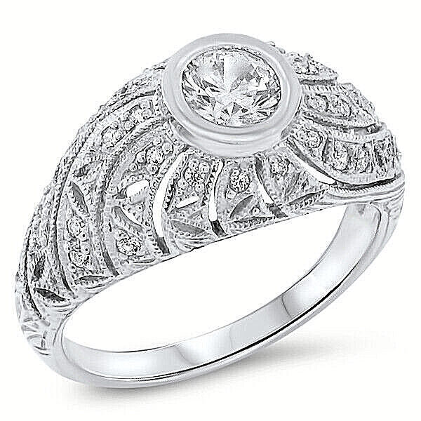 DECO ANTIQUE STYLE 925 STERLING SILVER CUBIC ZIRCONIA FILIGREE DOME RING 620Z