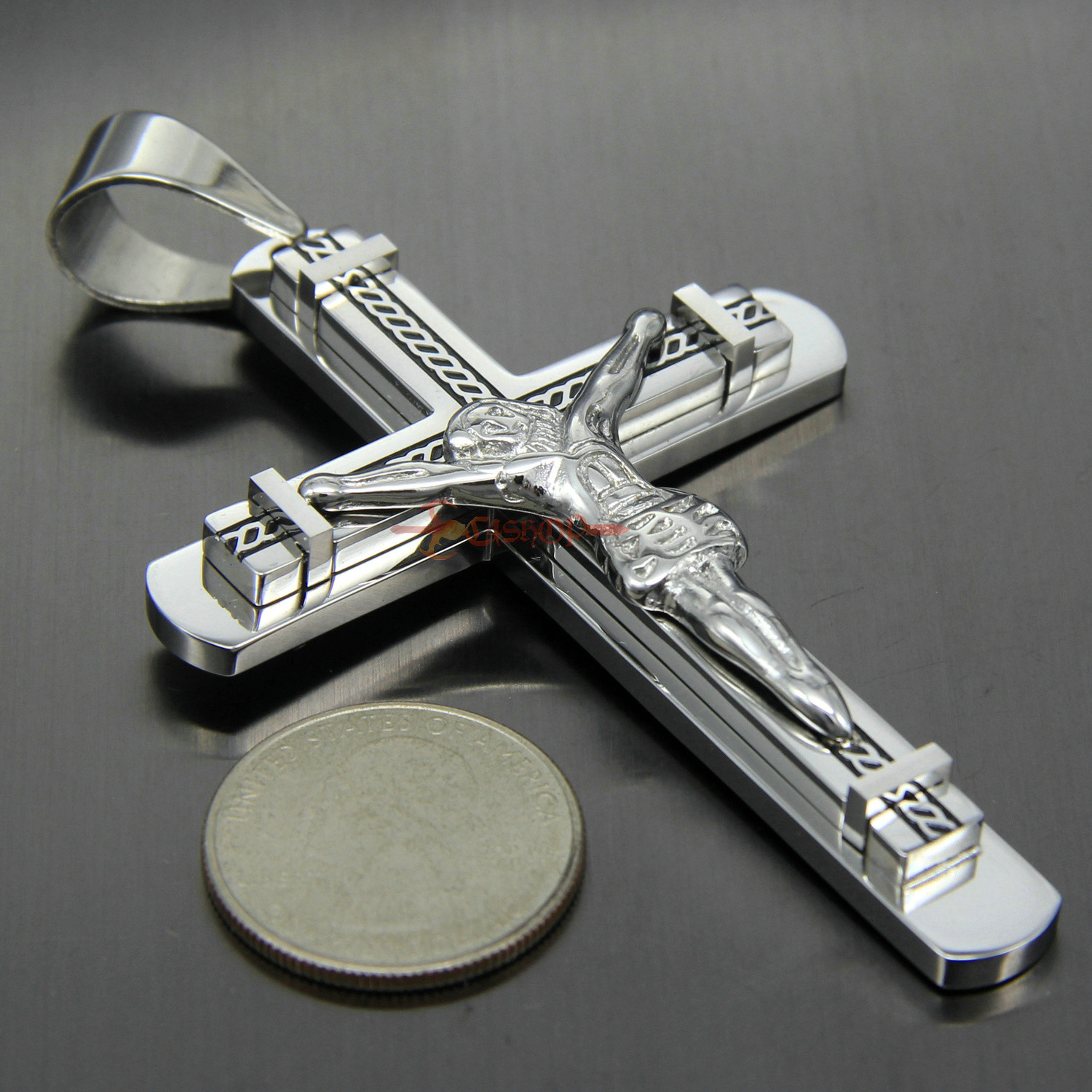 Heavy Catholic Jesus Christ INRI Cross Crucifix Stainless Steel Necklace Pendant