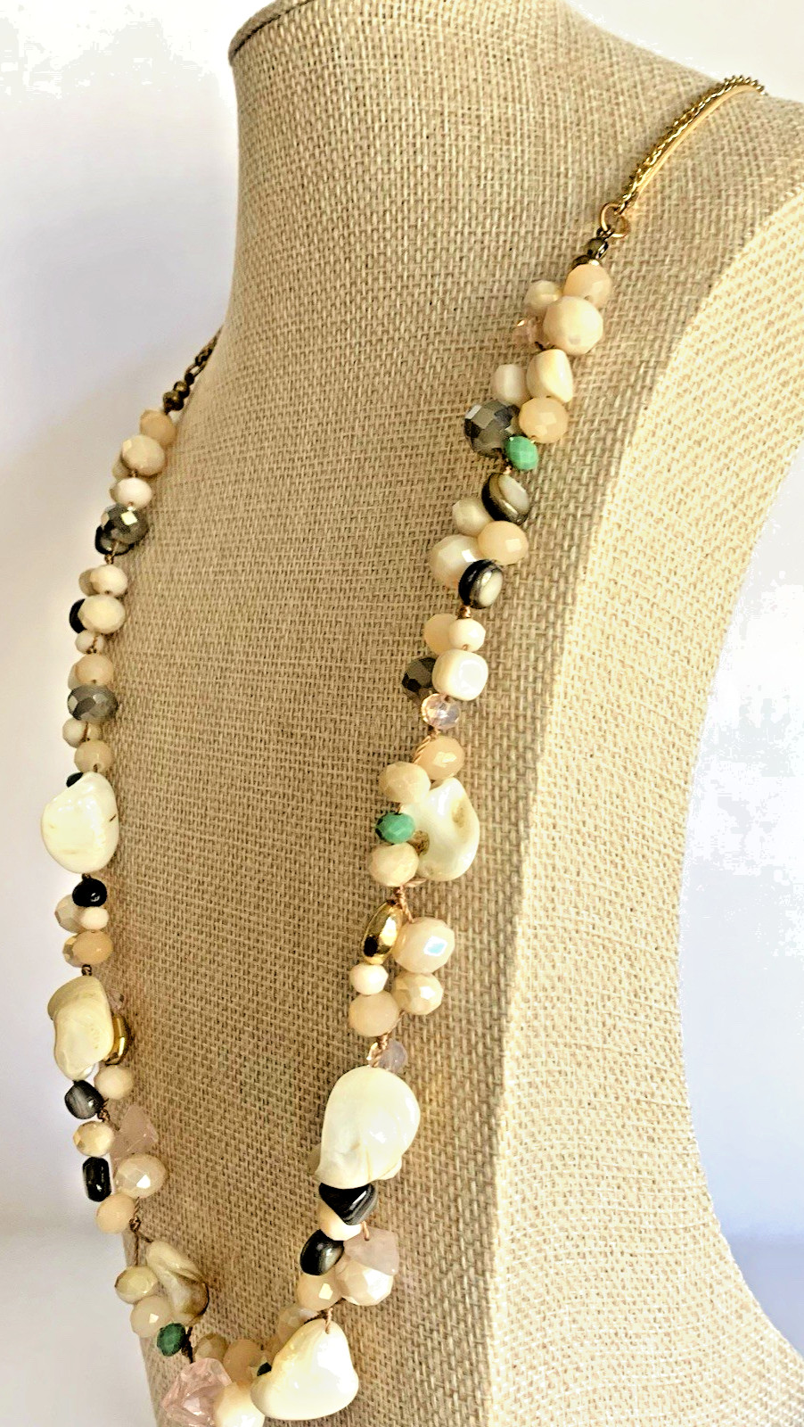 Mixed Metal Necklace Stone Shell & Acrylic Beaded Gold Tone Chain