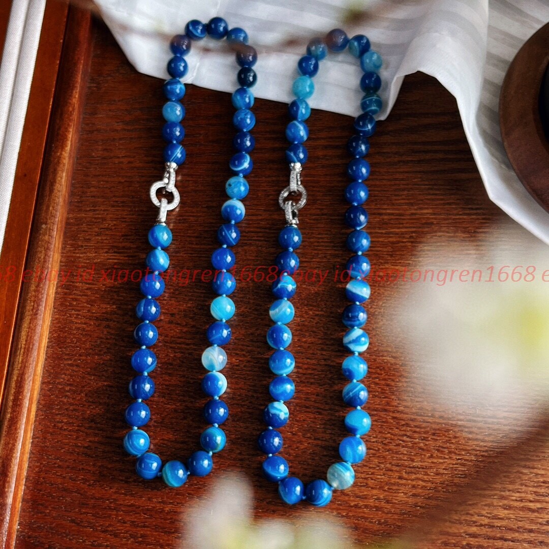 Natural Jewelry 10mm Blue Striped Agate Round Gemstone Beads Necklace 16-48” AA