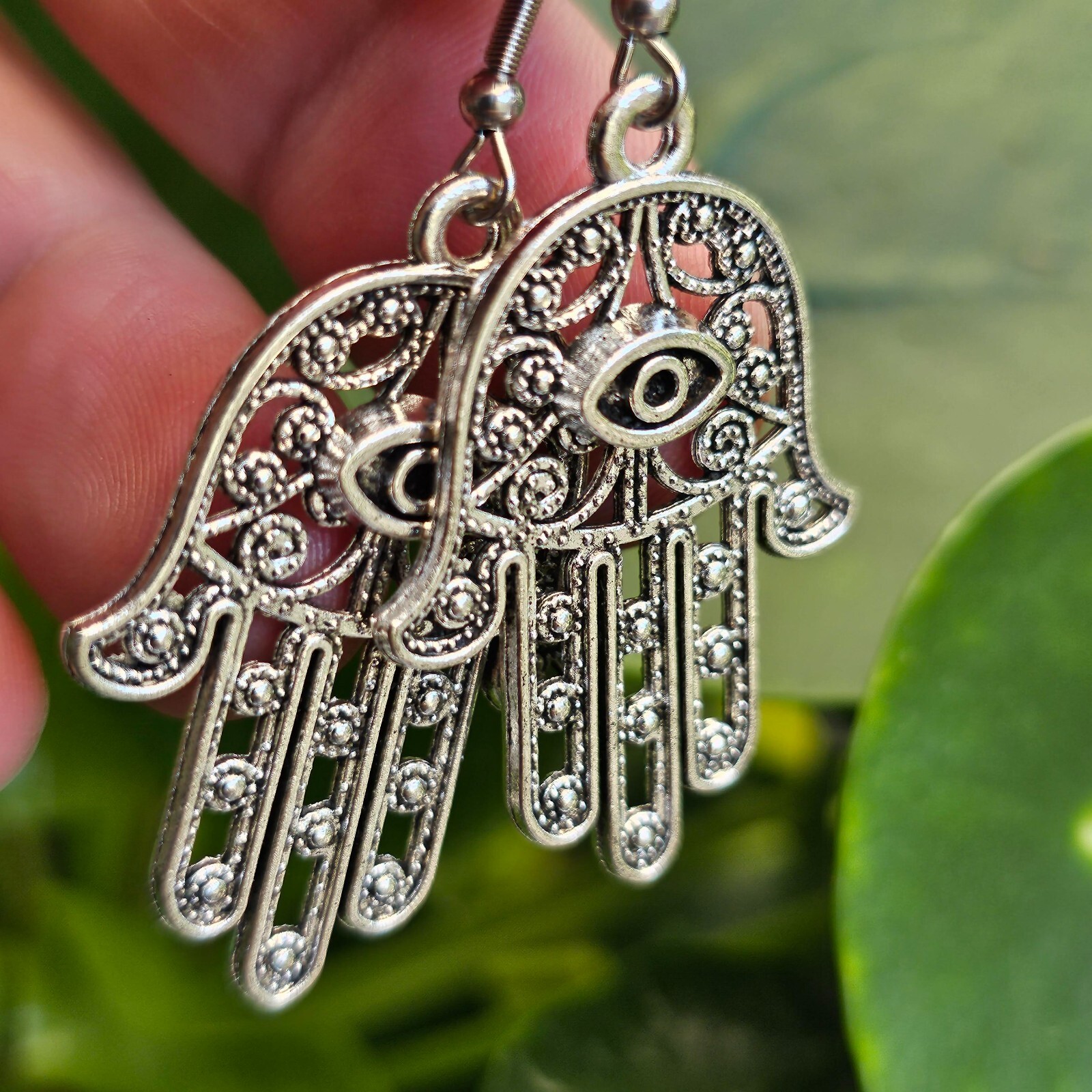 Large Hamsa Earrings Evil Eye Protection Filigree Silver Drop Dangle Jewellery