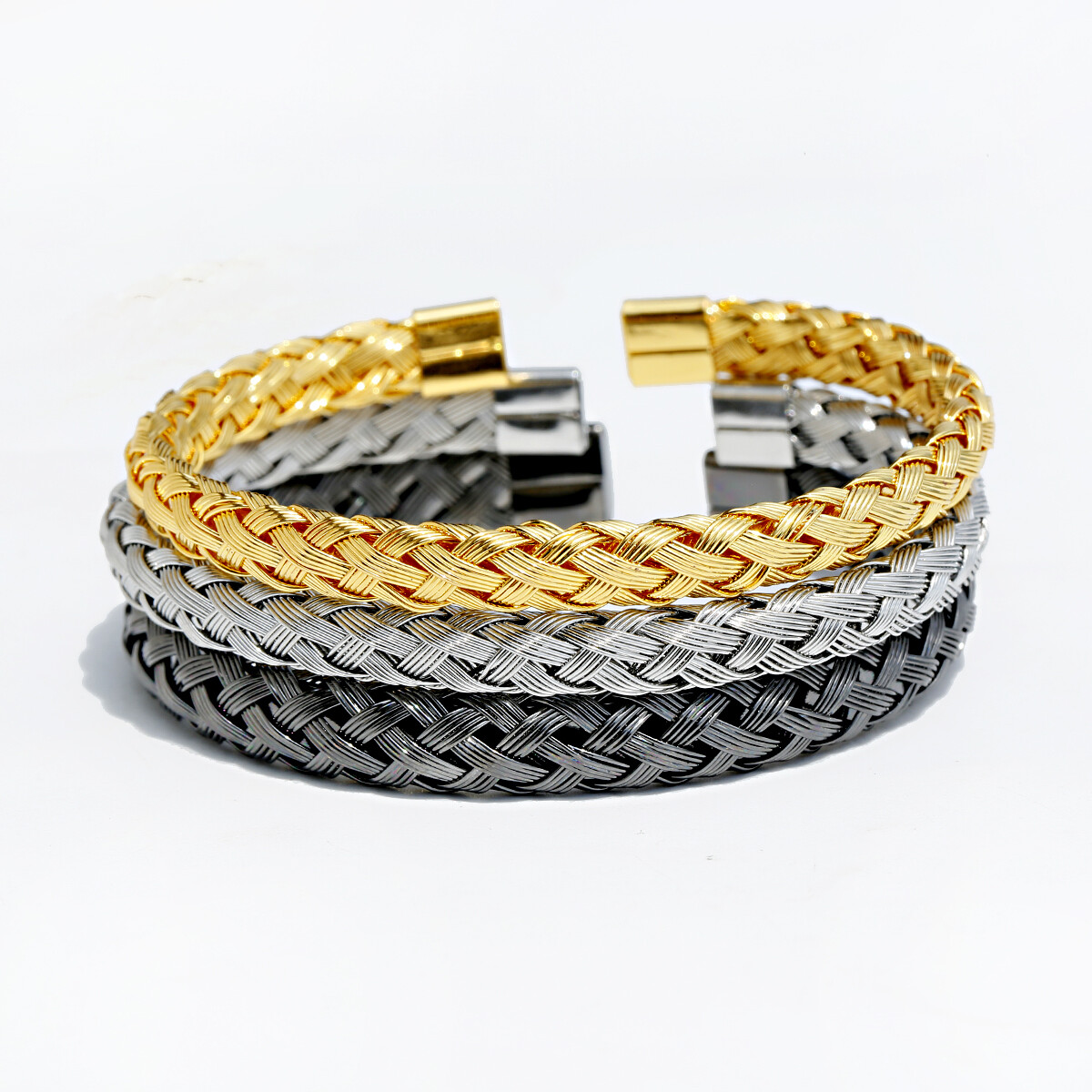 Luxury Stainless Steel Wire Braided Open Cuff Charm Wristband Bangle Bracelets