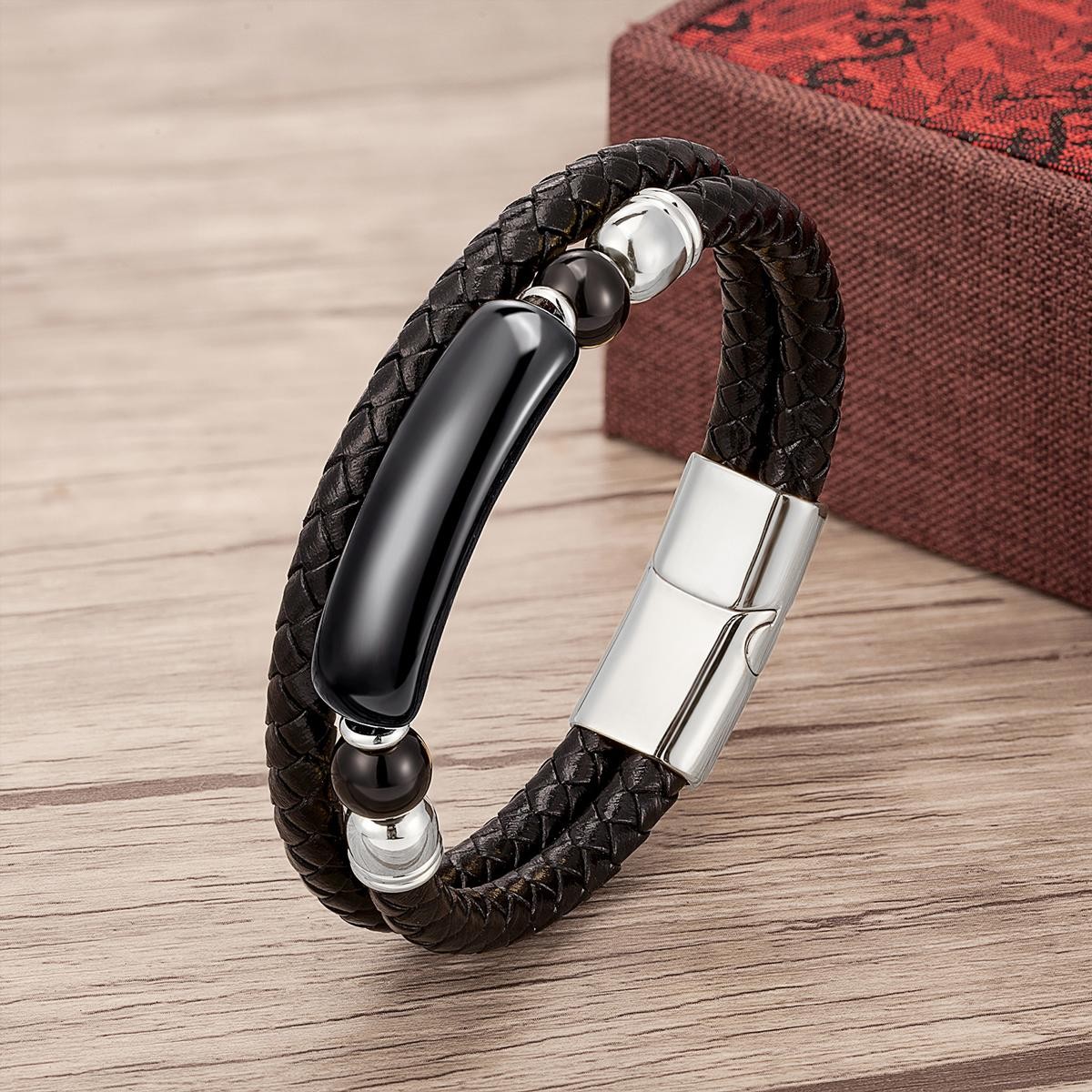 Men’s Multi-Layer Leather Bracelet with Natural Stone – Stainless Steel Clasp