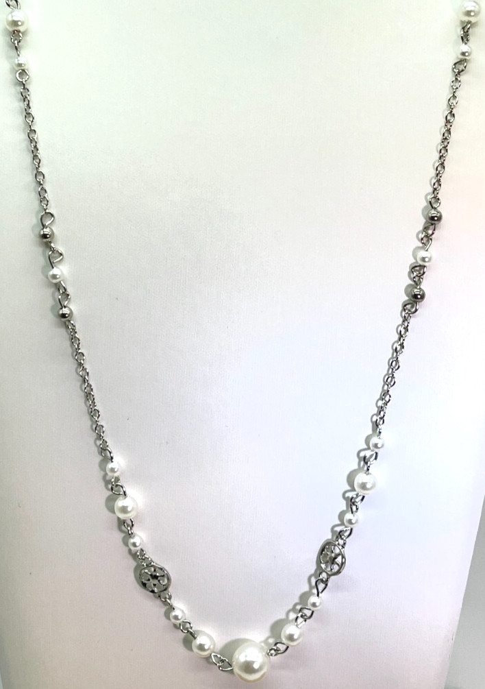 Necklace Silver Tone Spaced White Pearls 38 inches Lightweight