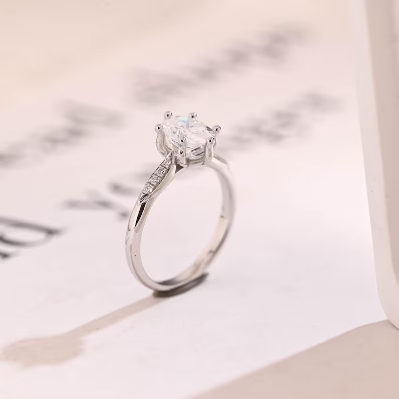 Solitaire Oval Moissanite With 18k White Gold Plated Silver Women’s Ring #175