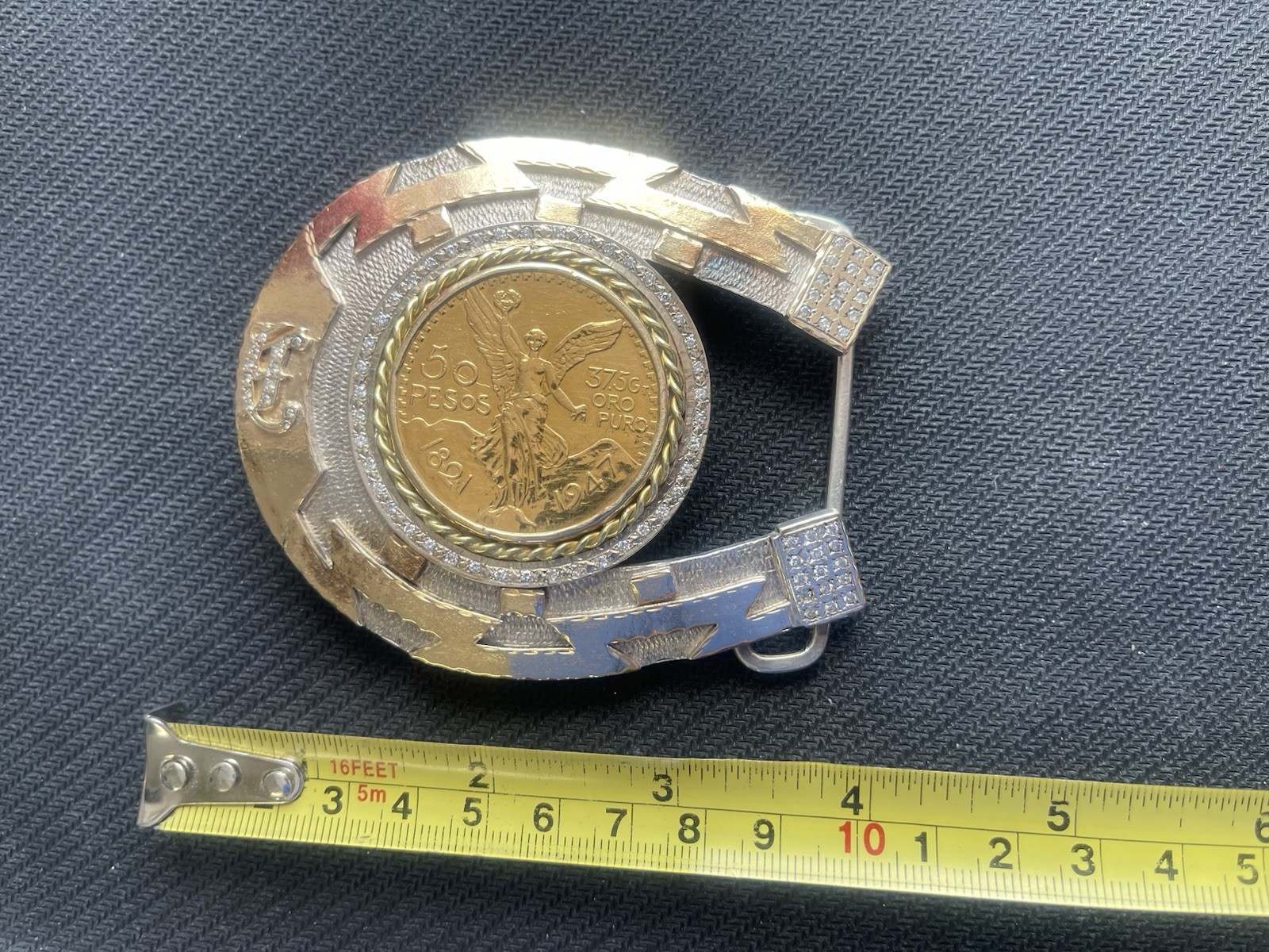 Heavy solid Gold & Silver Buckle made with a 1947 Mexican Centenaro 50 Gold coin