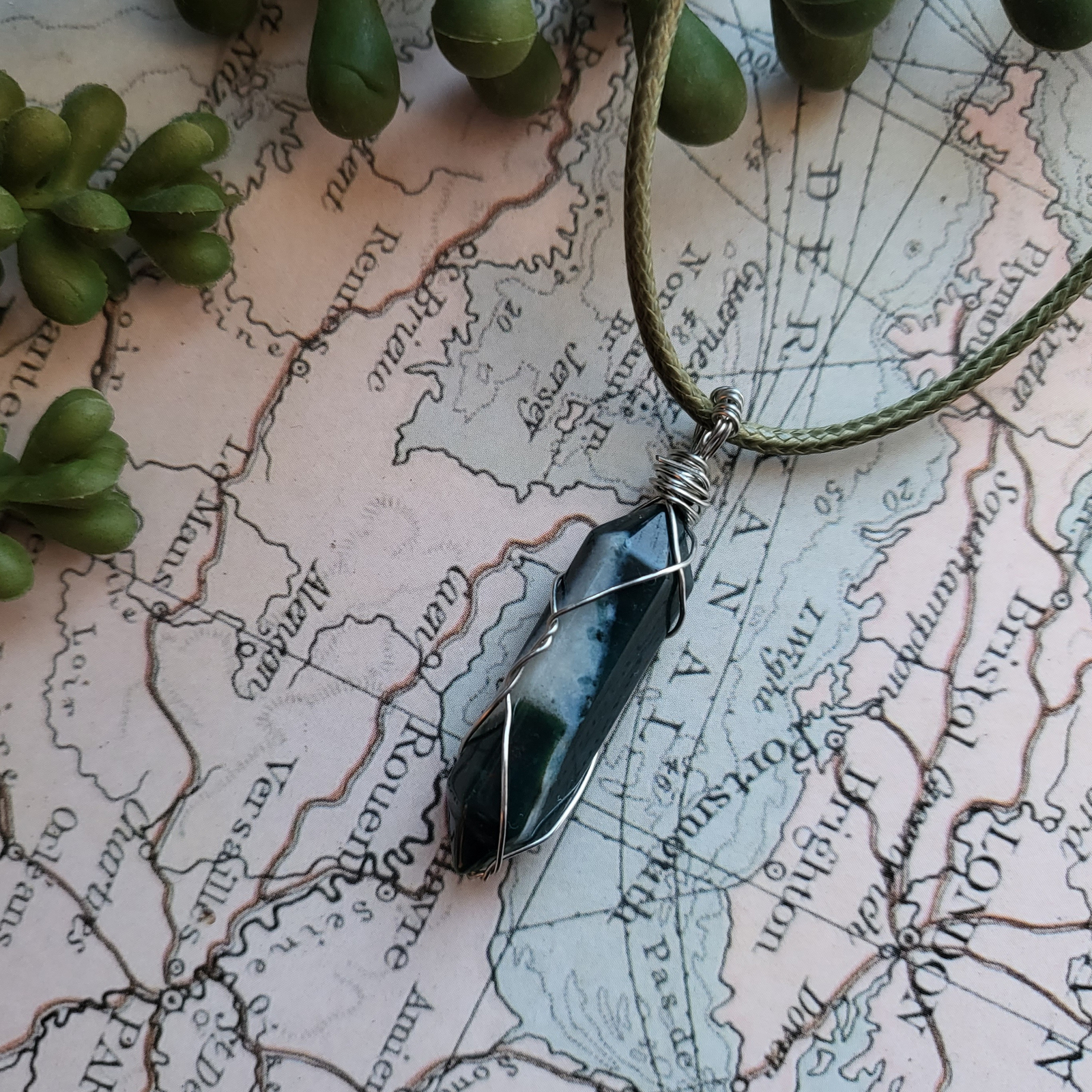Moss Agate DT Point, Wire Wrapped Pendant