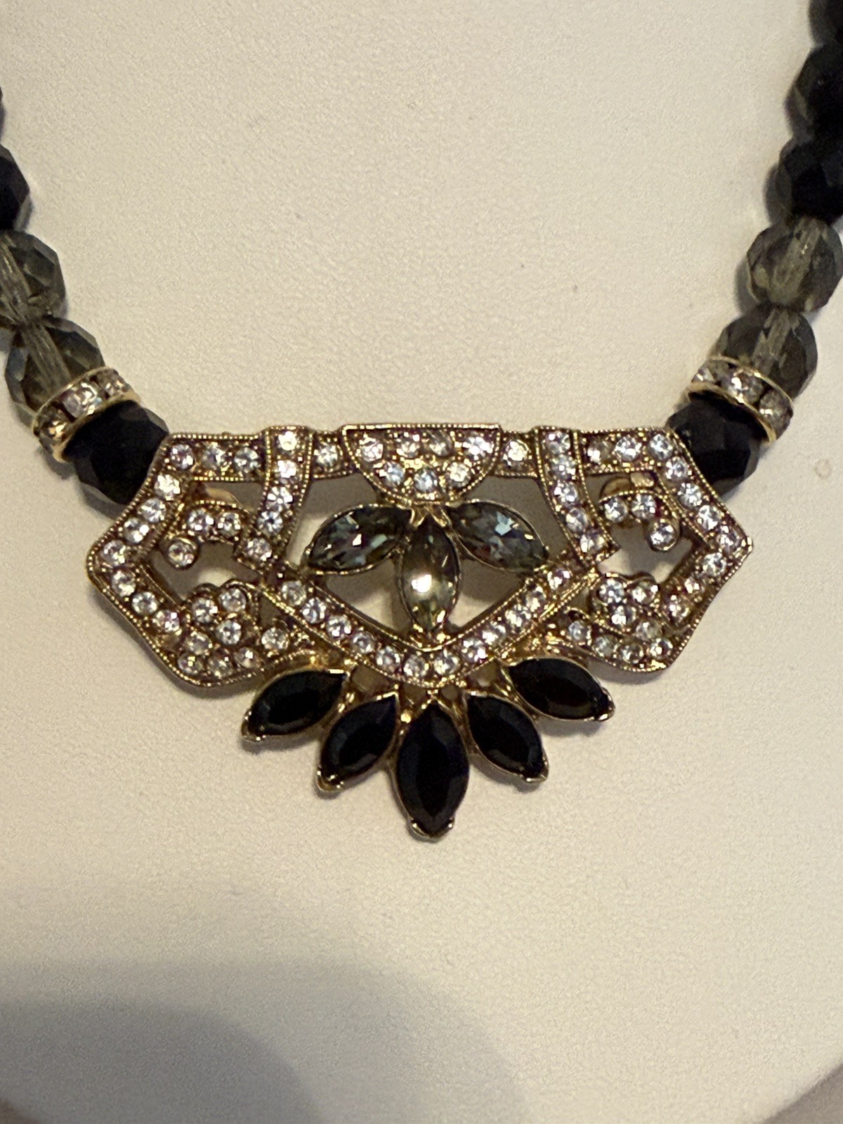 1928 Victorian Black Glass Bead Necklace with Rhinestone Pendant
