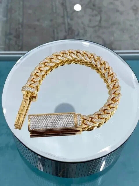 5 CT Round Cut Simulated Diamond Pave Cuban Link Bracelet 14k Yellow Gold Plated