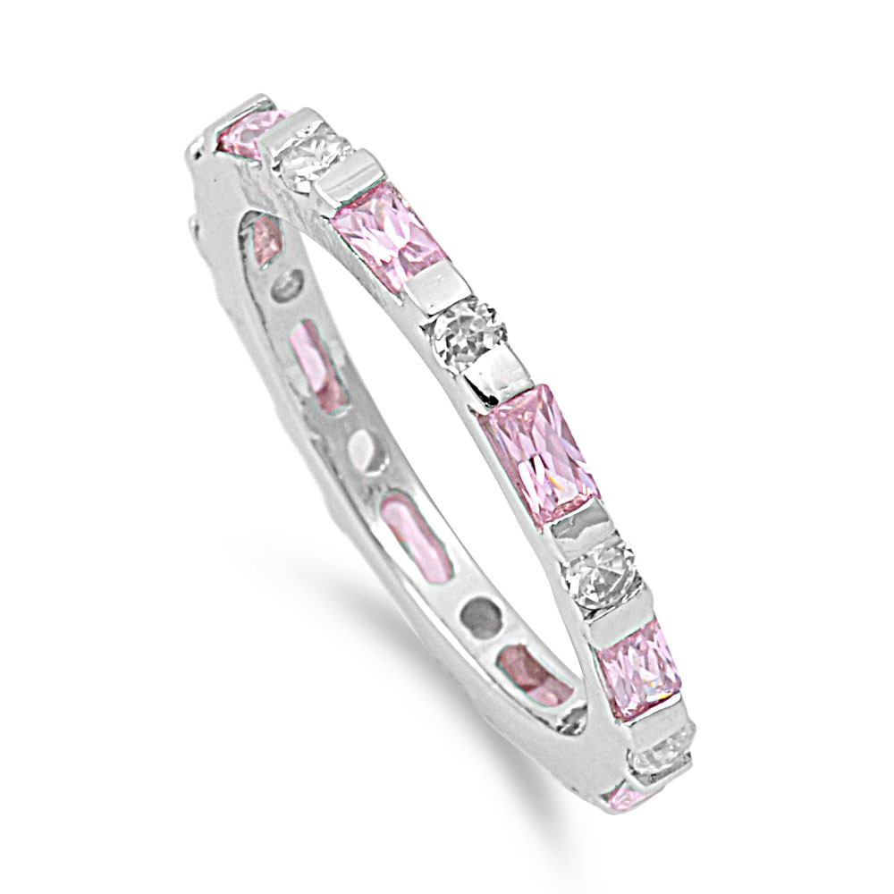 .925 Sterling Silver Stackable Pink Clear CZ Promise Eternity Ring Size 5 to 10