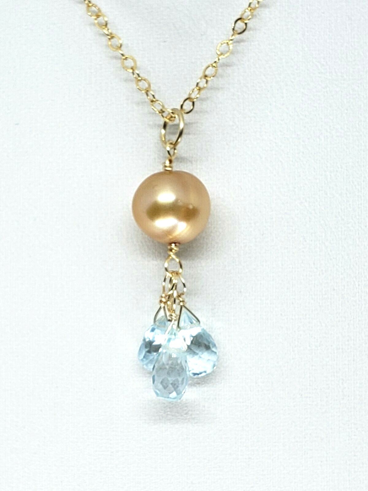 14k Yellow Gold Sky Blue Topaz Briolette and Golden Pearl Cluster Pendant