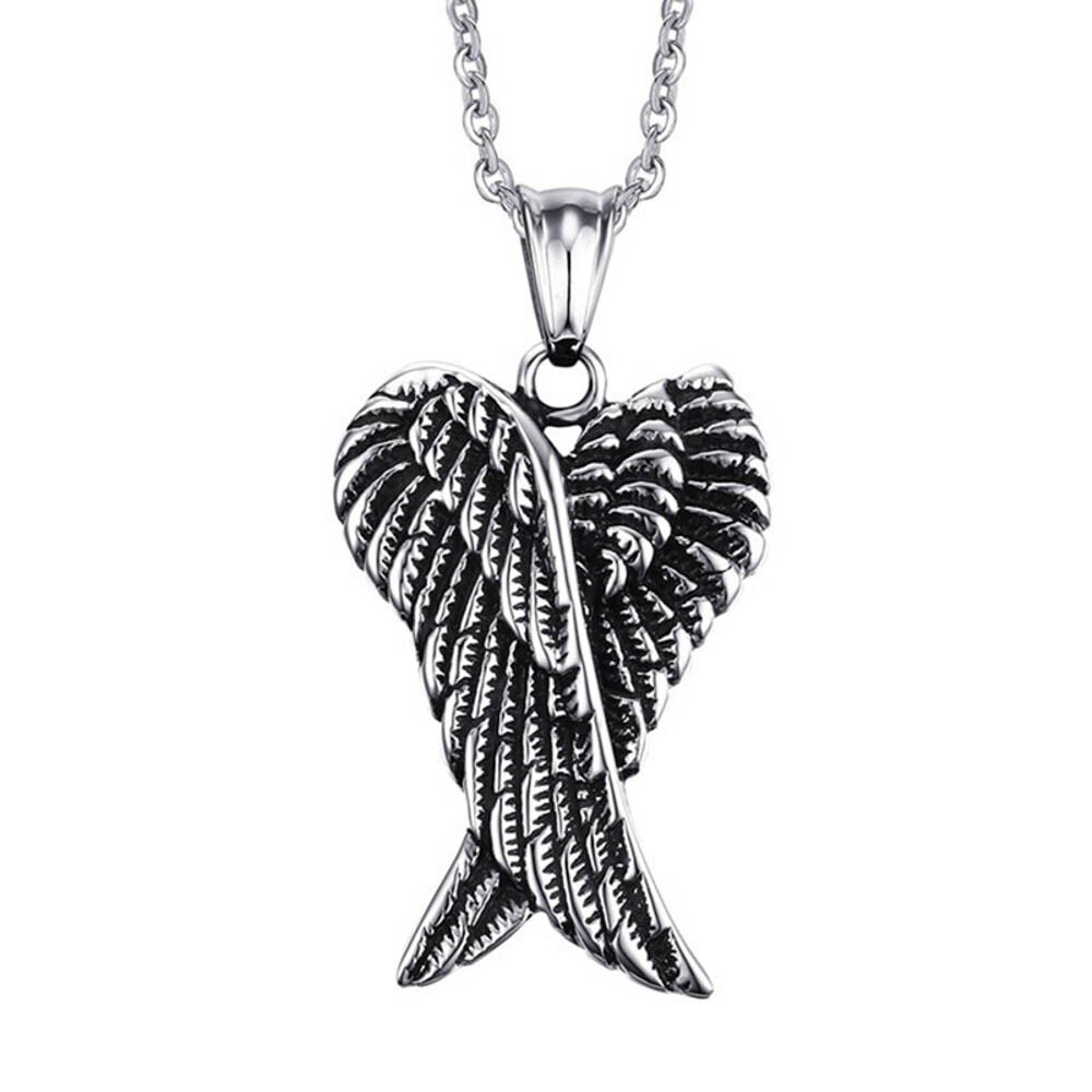 Gothic Double Angel Wings Pendant Necklace Antique Silver Tone w 23″ Link Chain