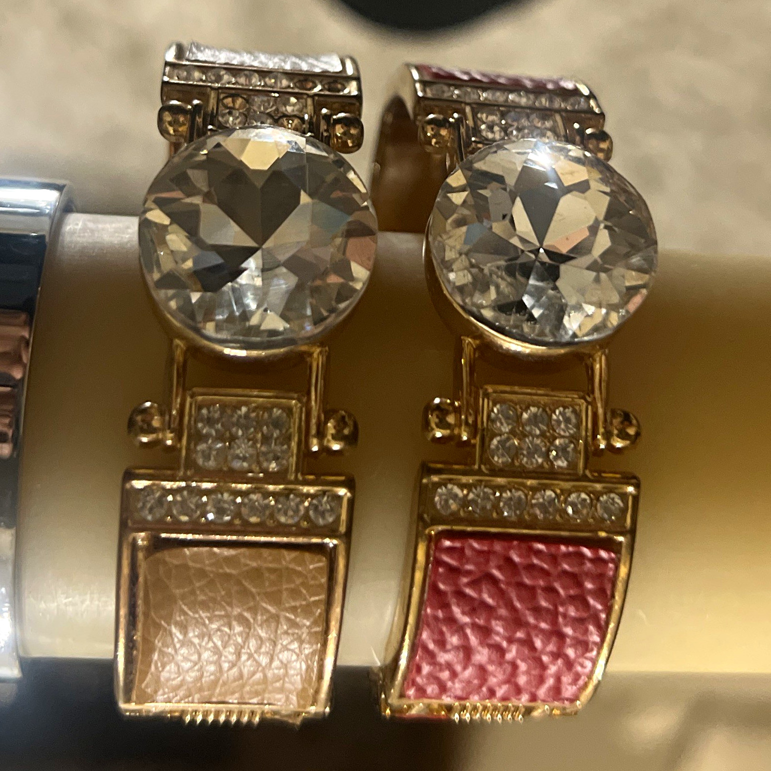 Lot of 2 Gold Tone Hinged Faux Leather Cuff Bangle Bracelets w Rhinestones. E