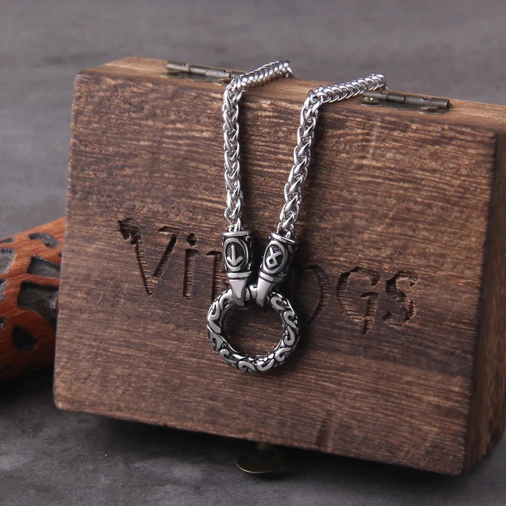 Nordic Viking Rune Open Round Clasp Pendant Necklace Stainless Steel Men Jewelry