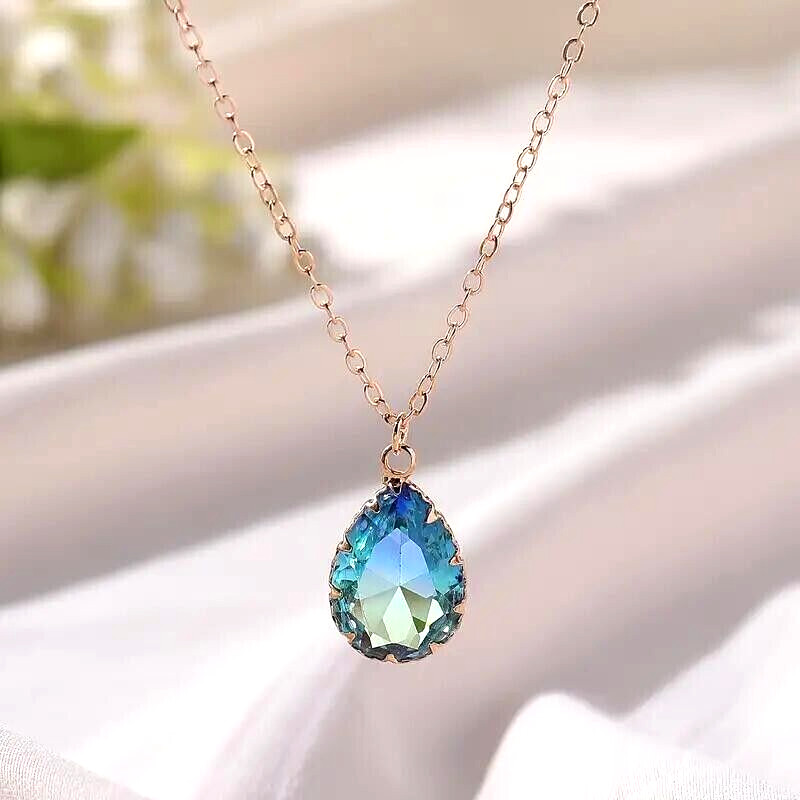 Fashion Blue Teardrop Cut Artificial Gemstone Pendant Necklace New Women Gift