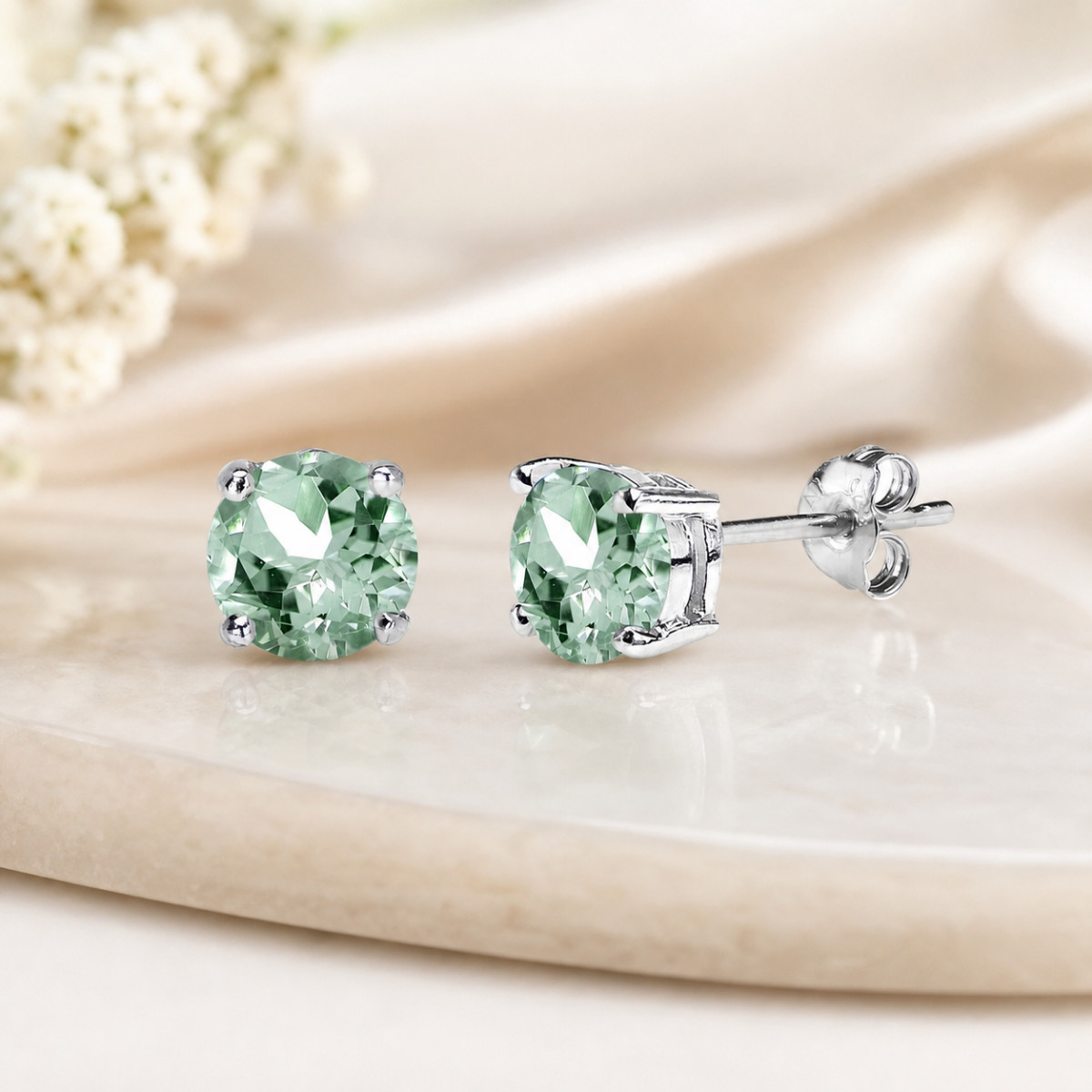 925 Sterling Silver Green Amethyst 6mm Round Stud Earrings 2.00ct Women Gift