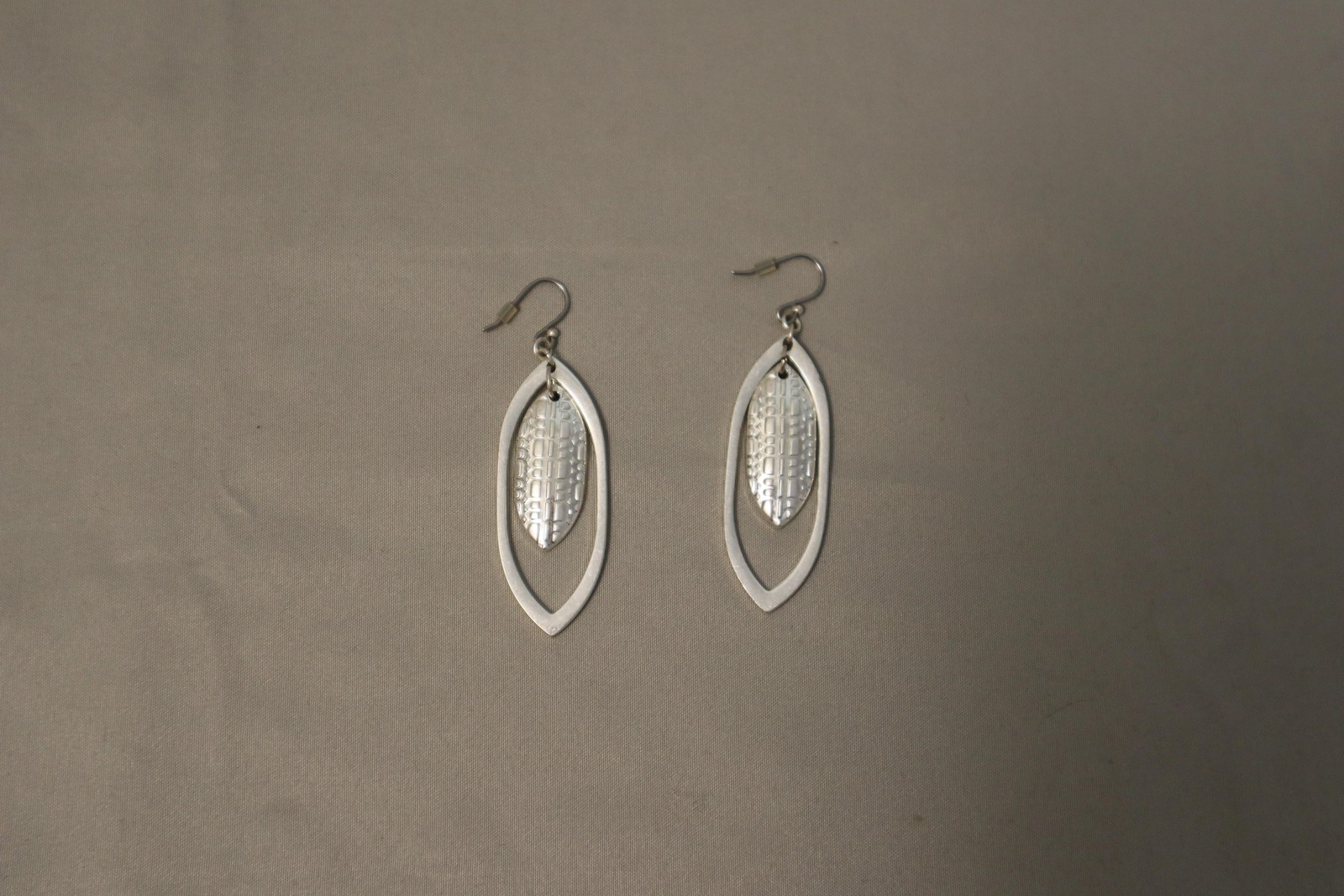 Silver Leaf Dangle Drop Earrings Womens Long Hook Textured Boho Metal