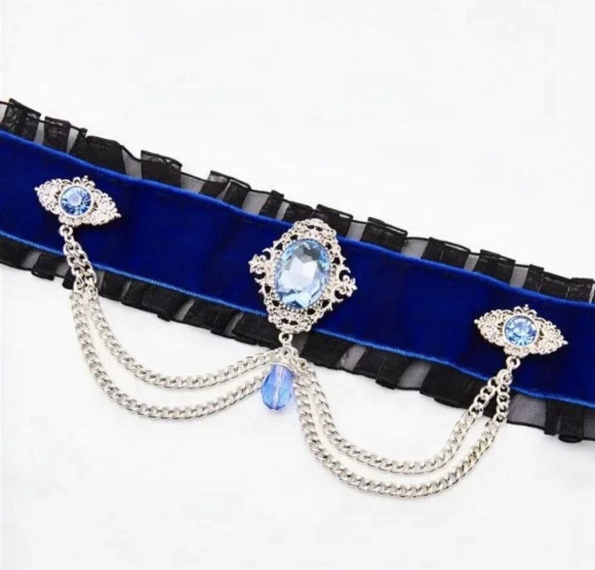 {NWT} Widow Blue Velvet Victorian Choker Crystal Accents & Chain Details