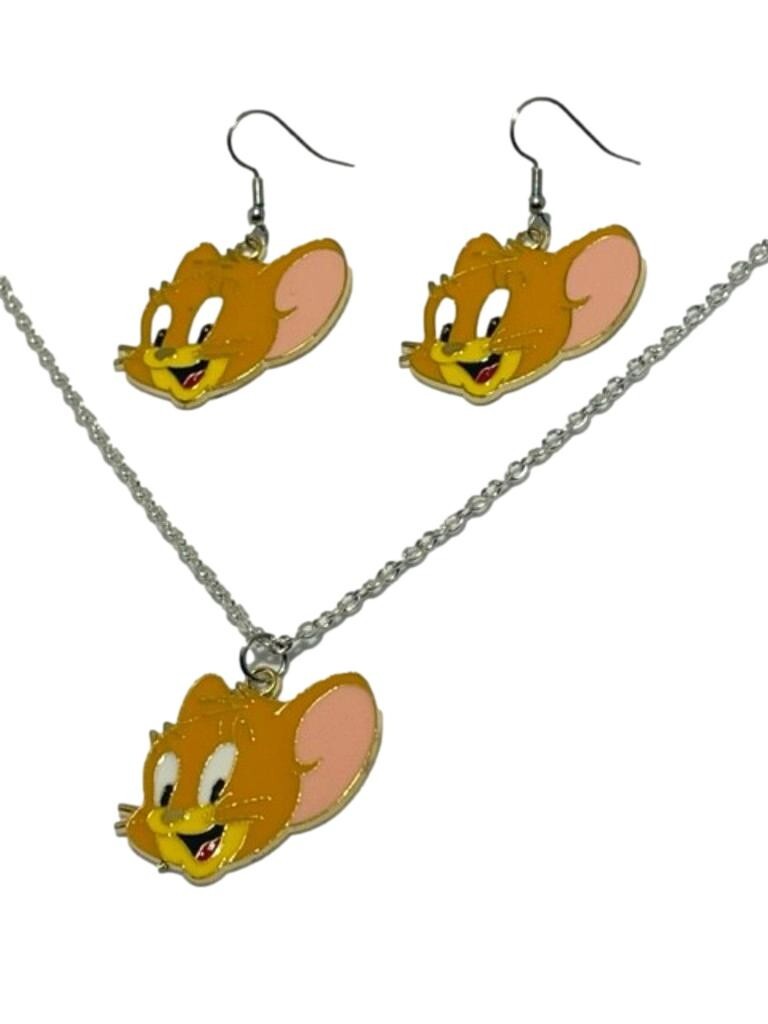 Cartoon Jerry Mouse Character Charm Metal Pendant Necklace And Earrings Set