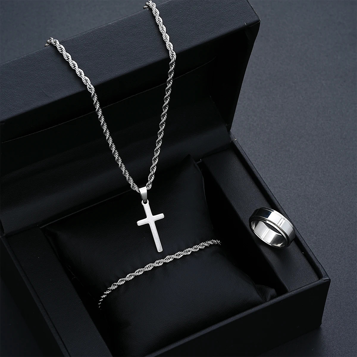 3Pcs Mens Stainless Steel Cross Pendant Necklace Twisted Rope Chain Bracelet Rin