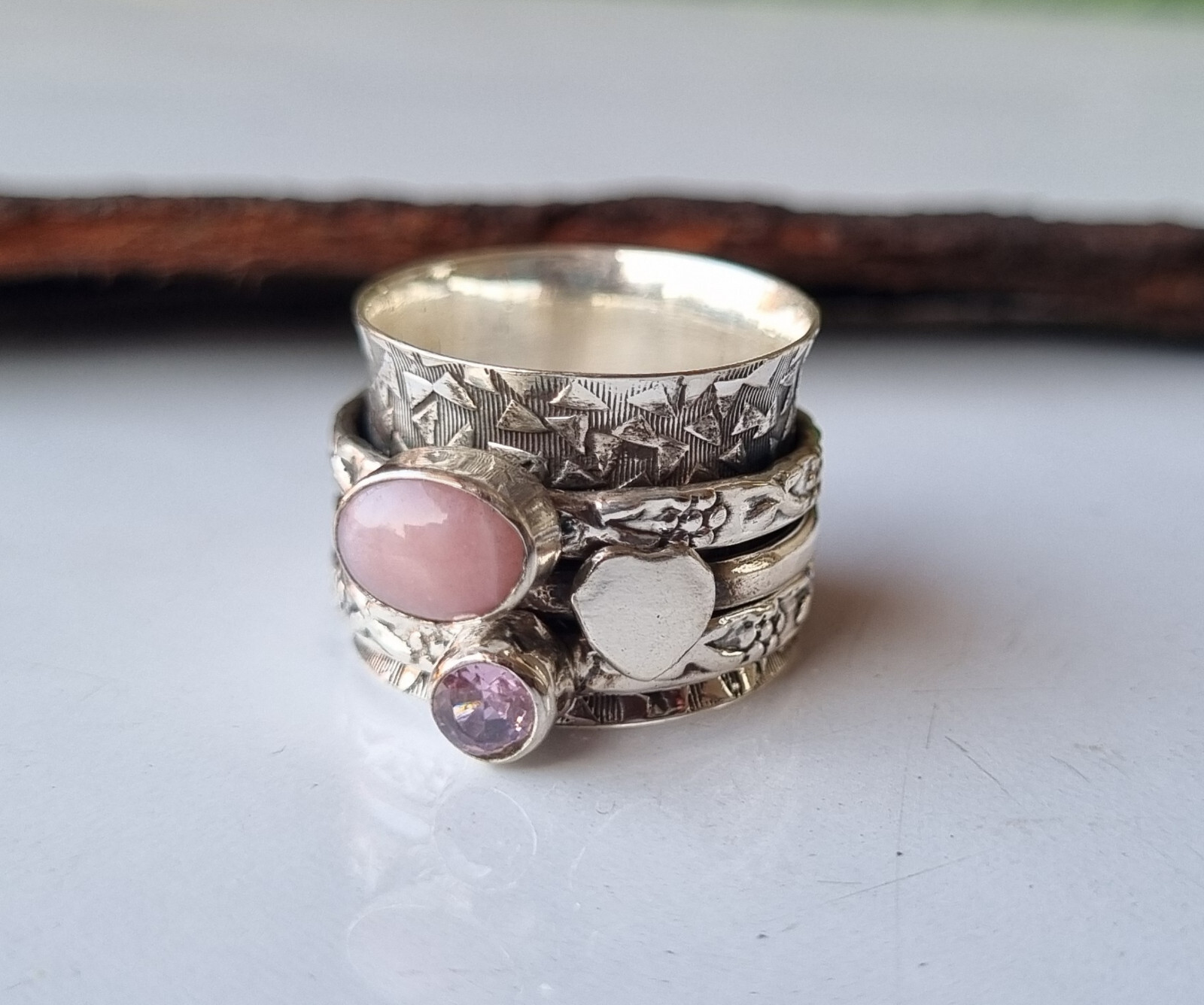 Pink Opal & Rose Quartz Ring 925 Sterling Silver Handmade Gifting Jewelry PG1363