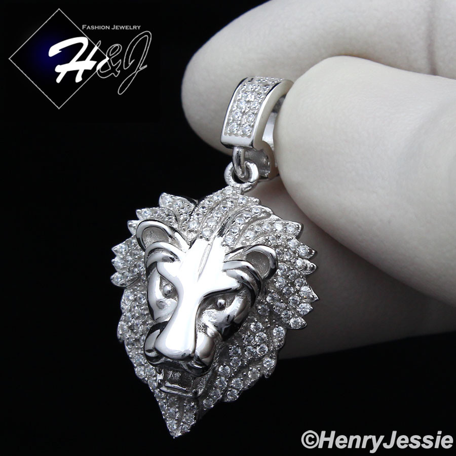 18″-30″MEN 925 STERLING SILVER 2MM MOON CUT BEADED CHAIN ICY CZ LION PENDANT*185