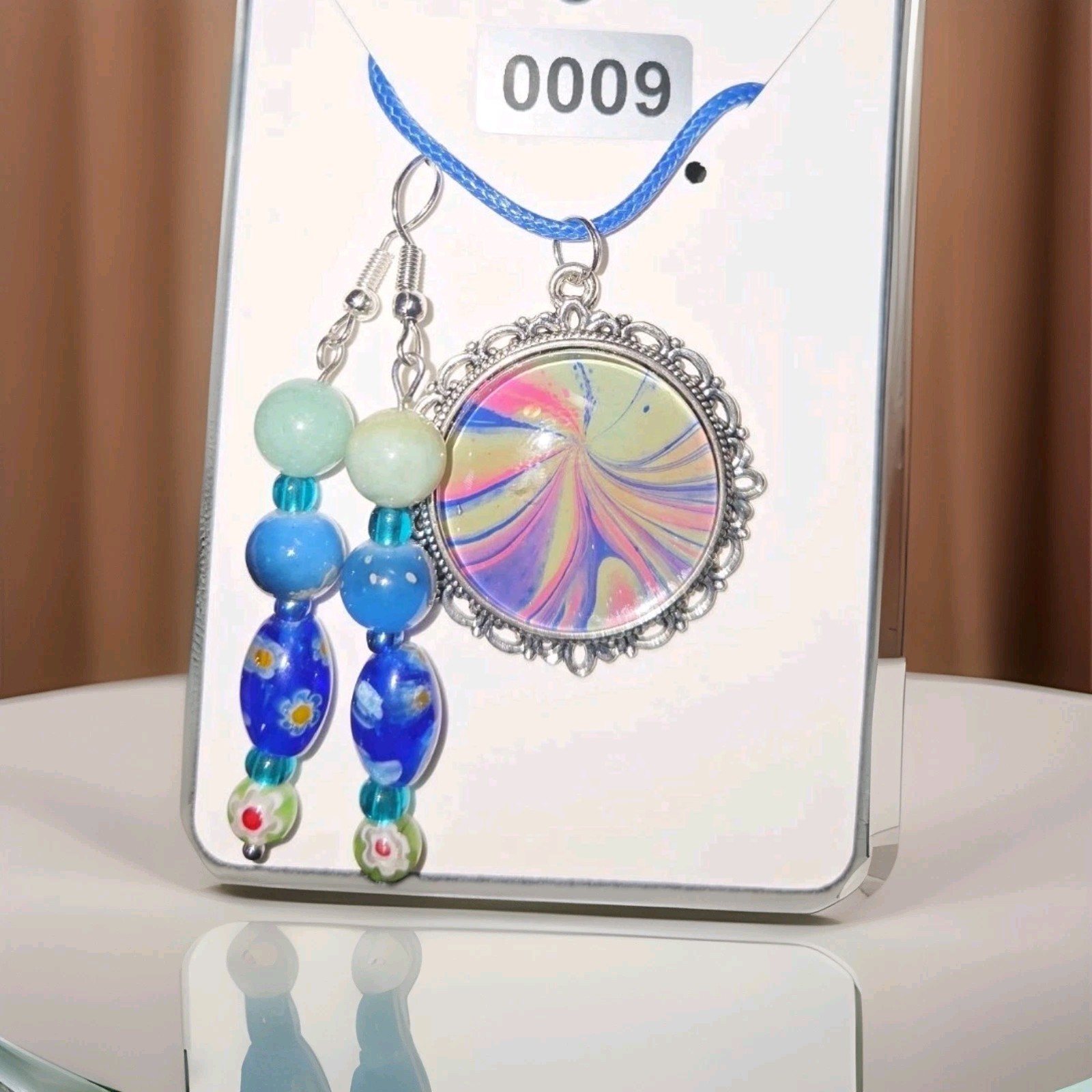 Acrylic Paint Pendant Necklace & Bead Earrings Set 0009 Blue Green Pink Purple