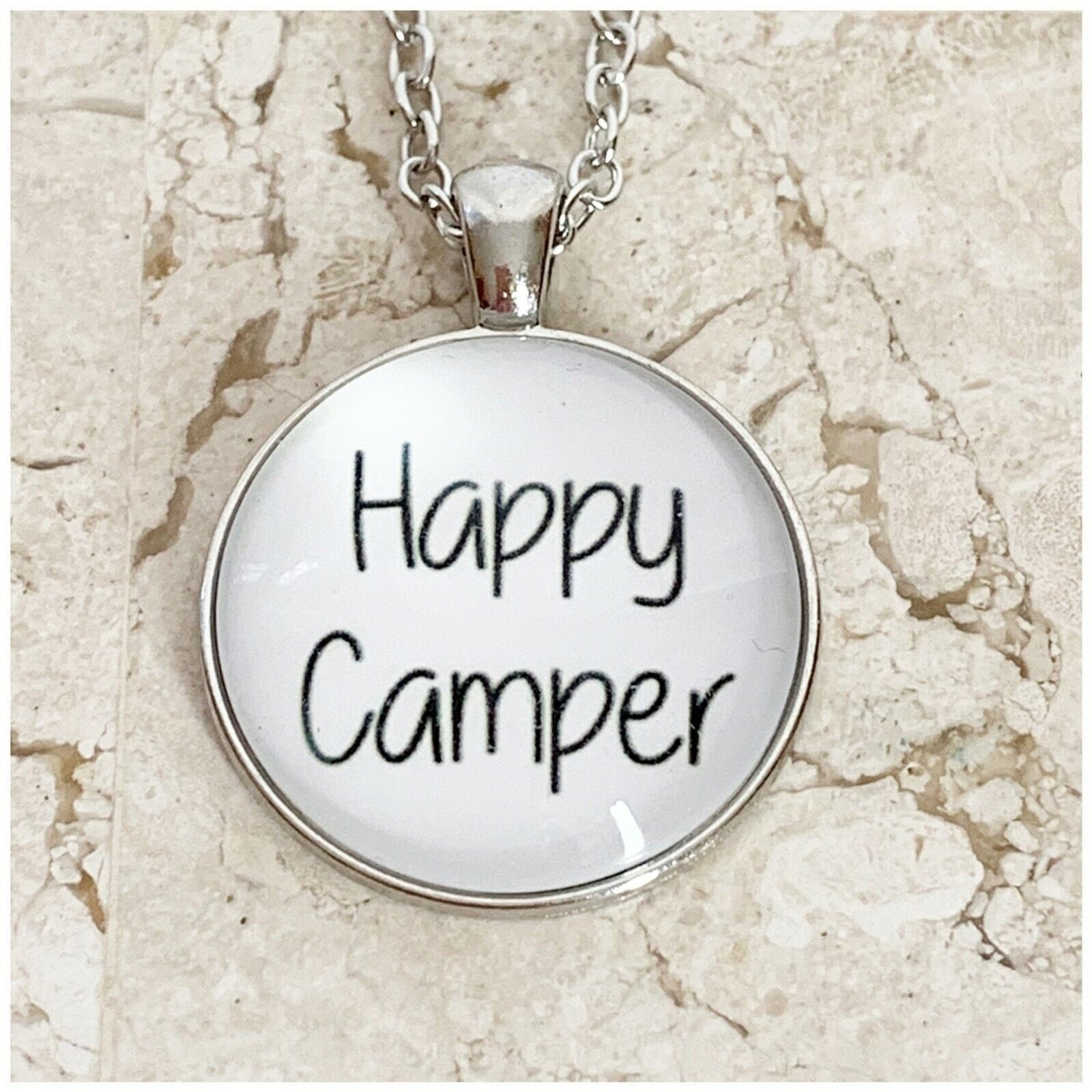 HAPPY CAMPER Necklace NEW White Round Glass Silver Chain RV Motorhome Tent