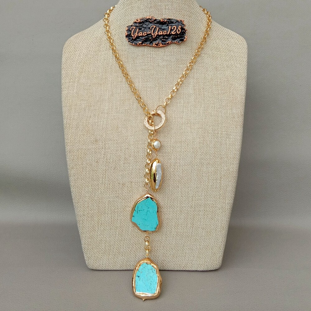 White Biwa Pearl Turquoise Lariat Chain Necklace 27″