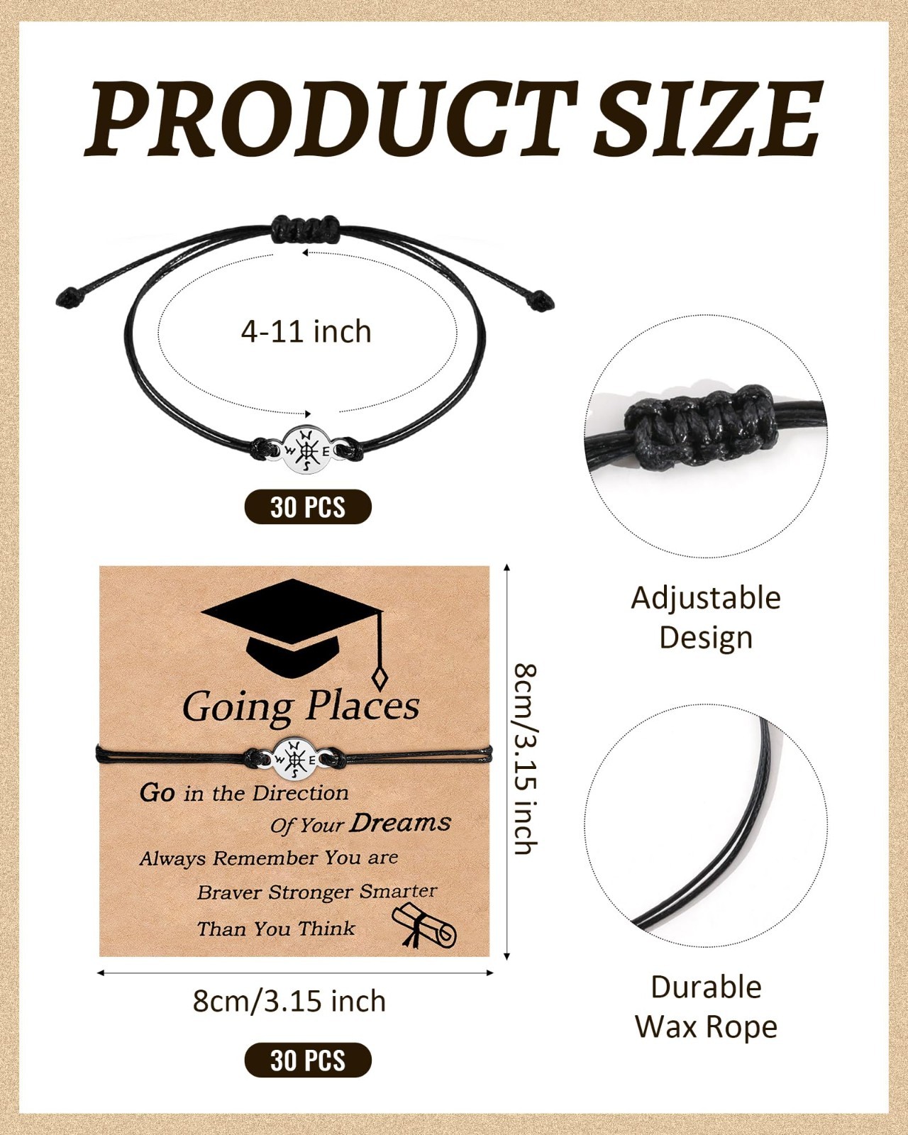30PCS Graduation Bracelets Set – Inspirational Gifts for 2026 Grads, Compass Des