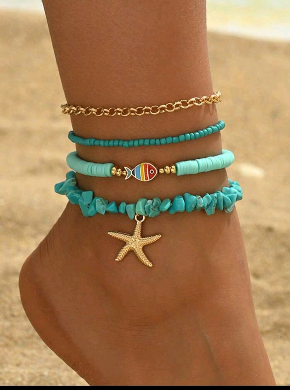 Beaded Starfish Anklet Set Multilayer Summer Beach Women Acrylic Jewelry 4pcs