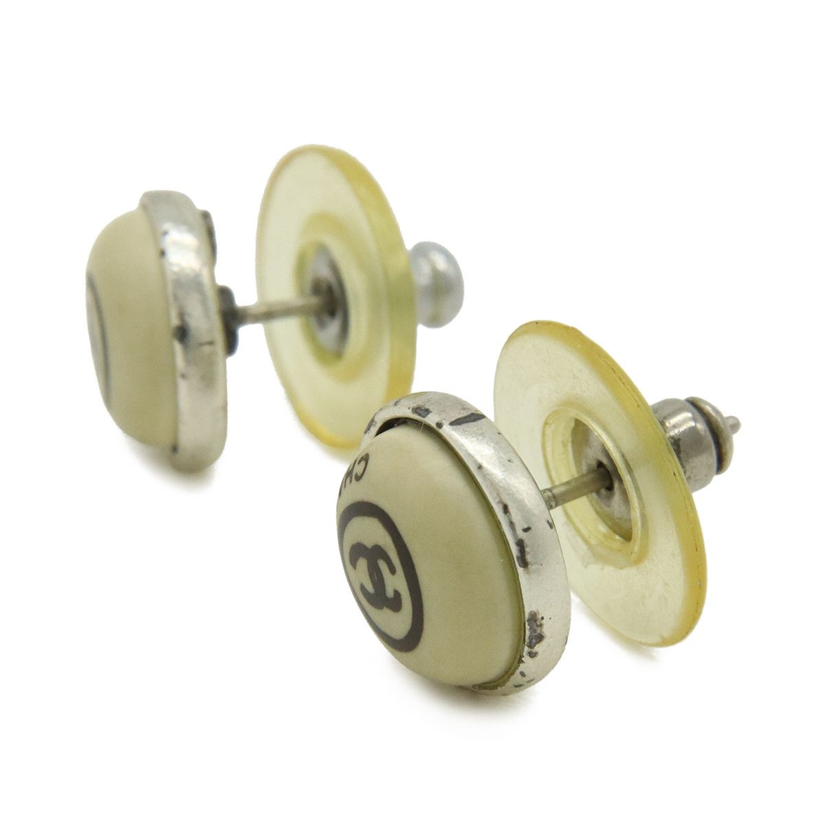 CHANEL COCO MARK ROUND EARRINGS BEIGE SILVER PLASTIC METAL 00T