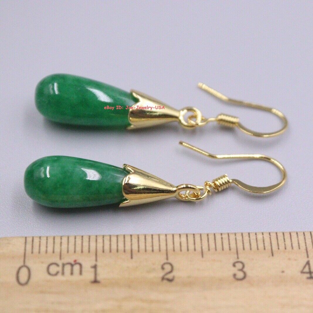 New Gold Plated Alloy Heated Dark Green Jade Droplet Charm Dangle Earrings