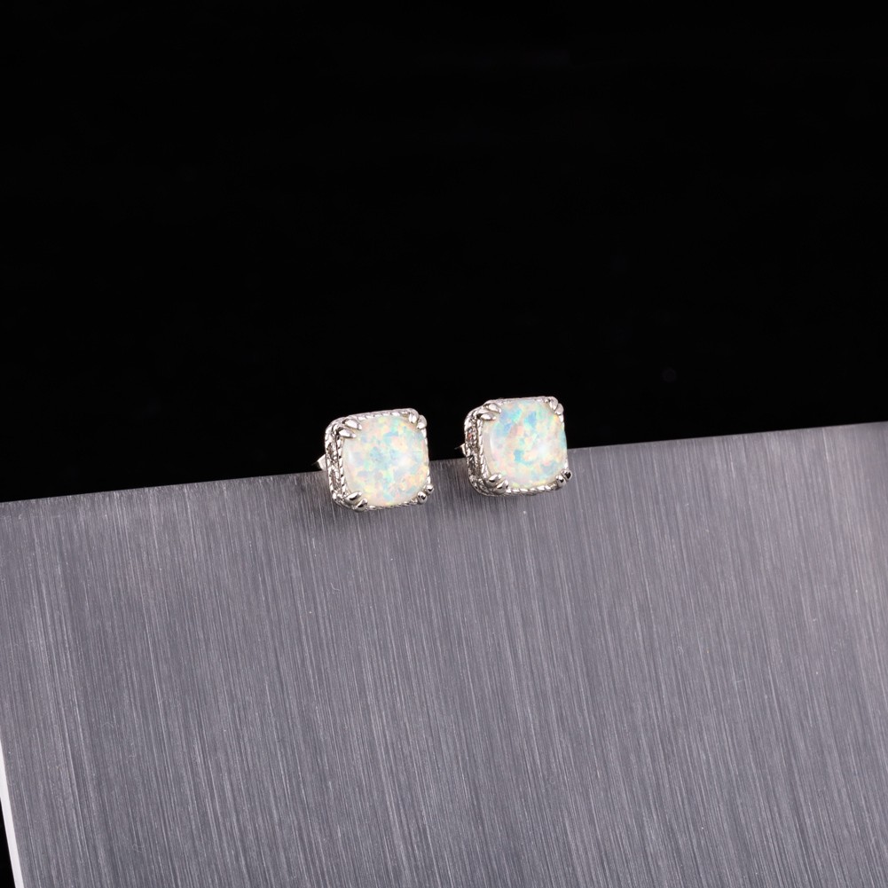 8×8 Cushion White Fire Opal Cabochon Silver Jewelry Simple Stud Earrings